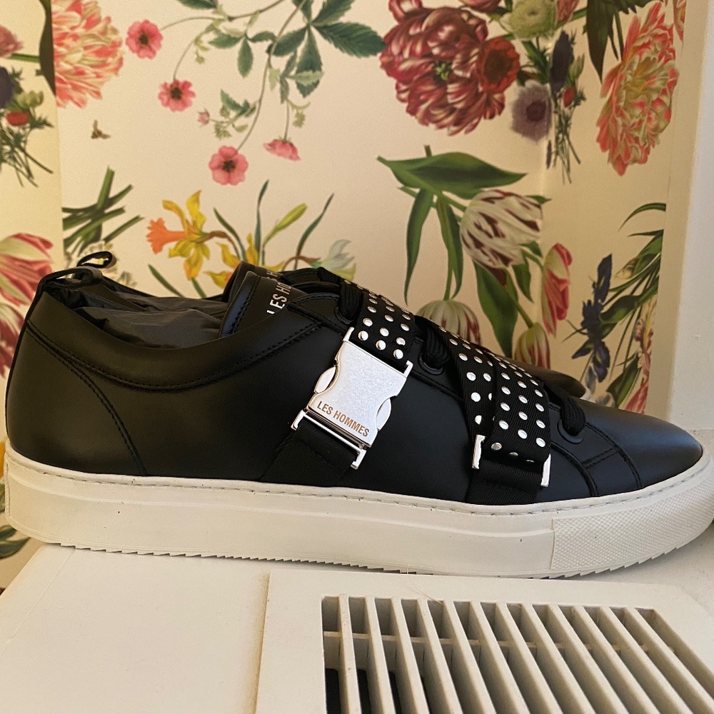 LES HOMMES - Studded Buckle Leather Sneaker - Black Size 12 - NEW without box